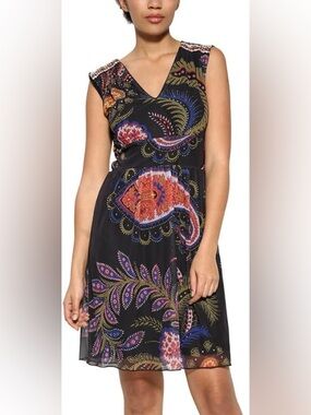 Desigual Black Multicolor Paisley V-Neck Mini Dress